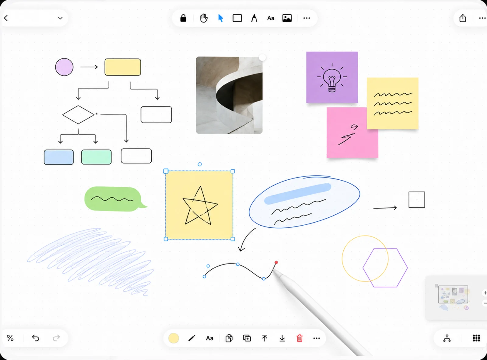 Apple Pencil zeichnet einen Vektorpfad auf einem Mena-Board, daneben ein Flussdiagramm und Haftnotizen