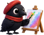 Mena crow painting on an easel