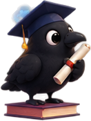 Mena crow in a graduation cap reading